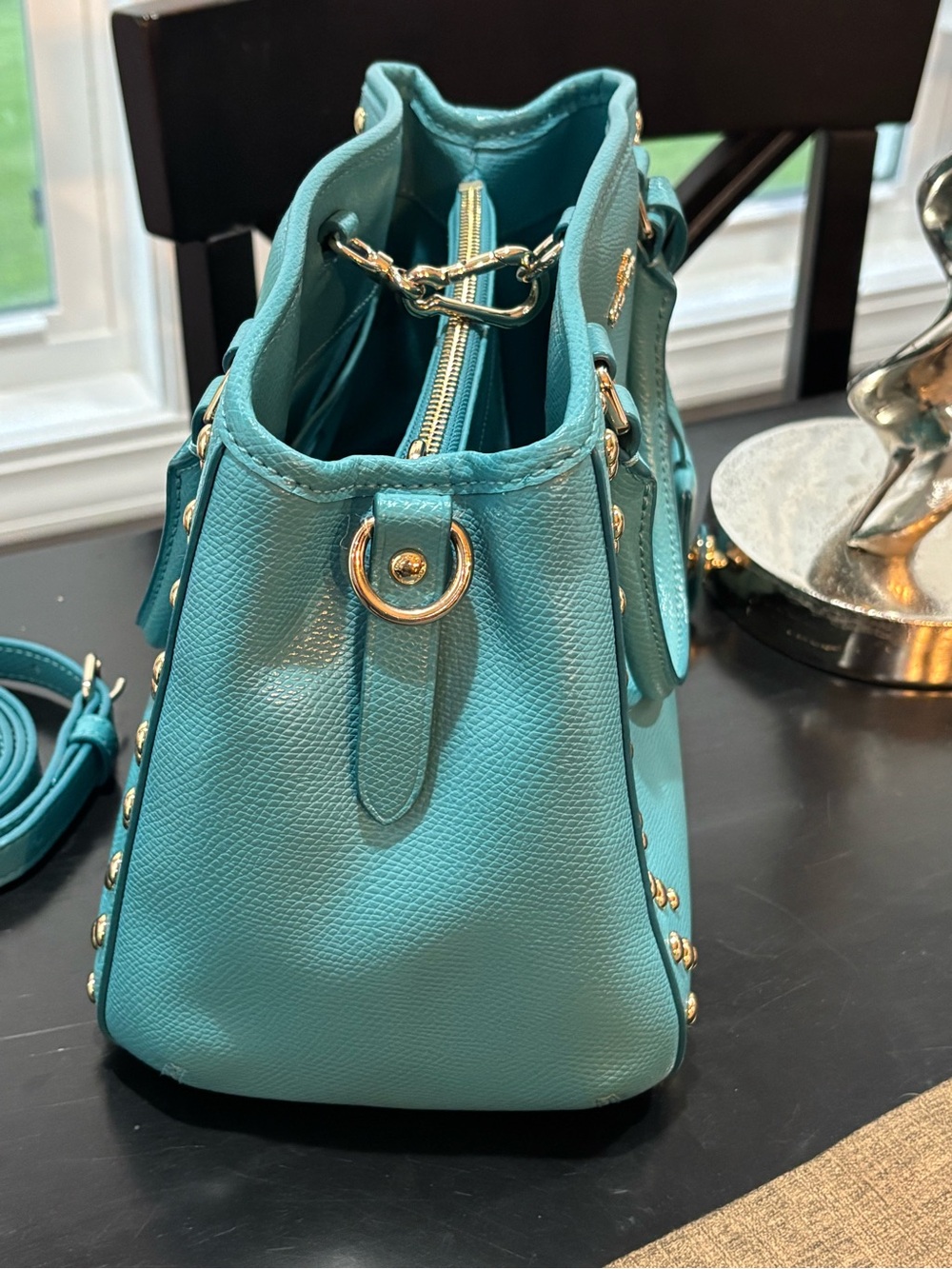 Coach Margot Studded Carryall Crossbody Aqua Blue Pebbled Leather Silver Rivets - Picture 6 of 16